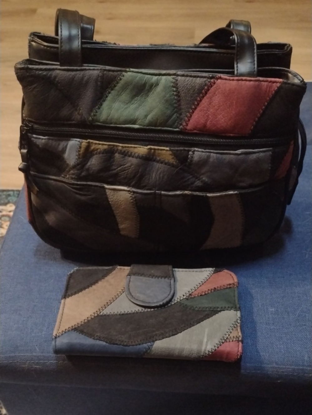 Patchwork Leather Hobo Bag And Wallet in Black, Green & Red
